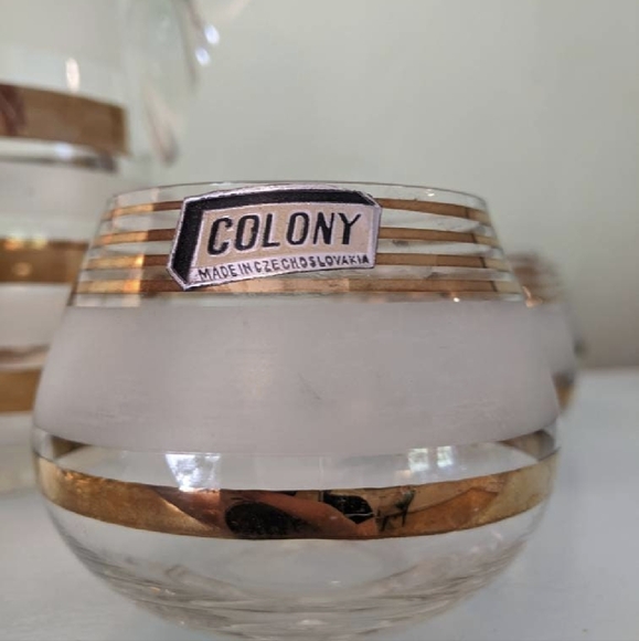 Mid Century Gold Czech Decanter Set Roly Poly Low Ball Glasses - Picture 4 of 9